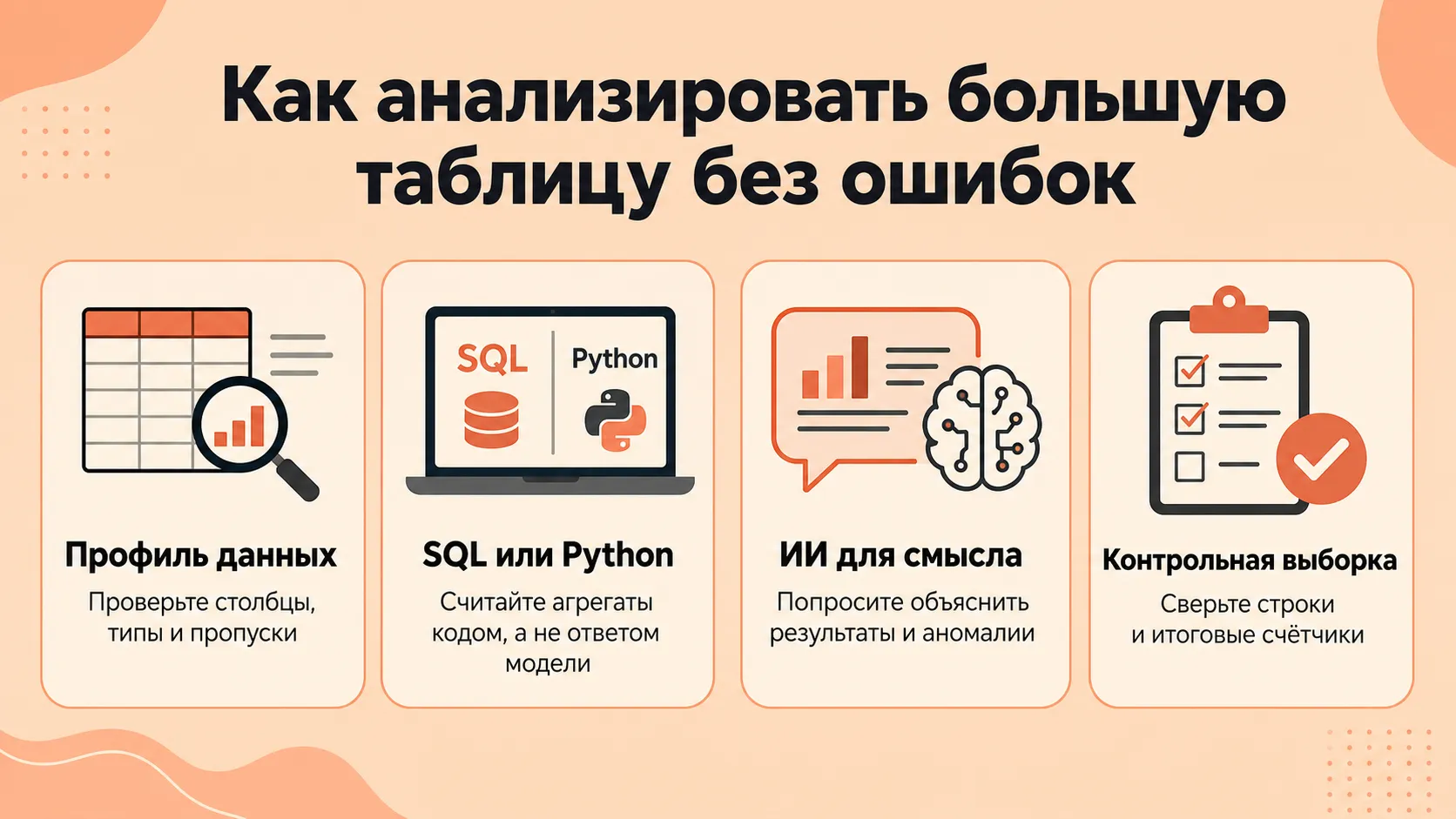 Четыре шага безопасного анализа большой таблицы: профиль, расчёт кодом, объяснение ИИ и контрольная выборка