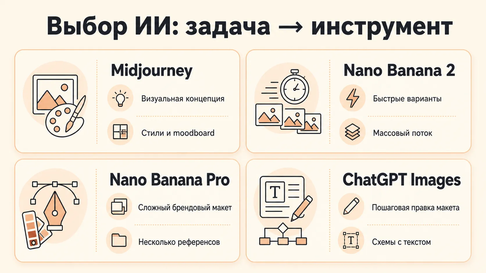Карта выбора ИИ для бизнес-визуалов: Midjourney, Nano Banana 2, Nano Banana Pro и ChatGPT Images