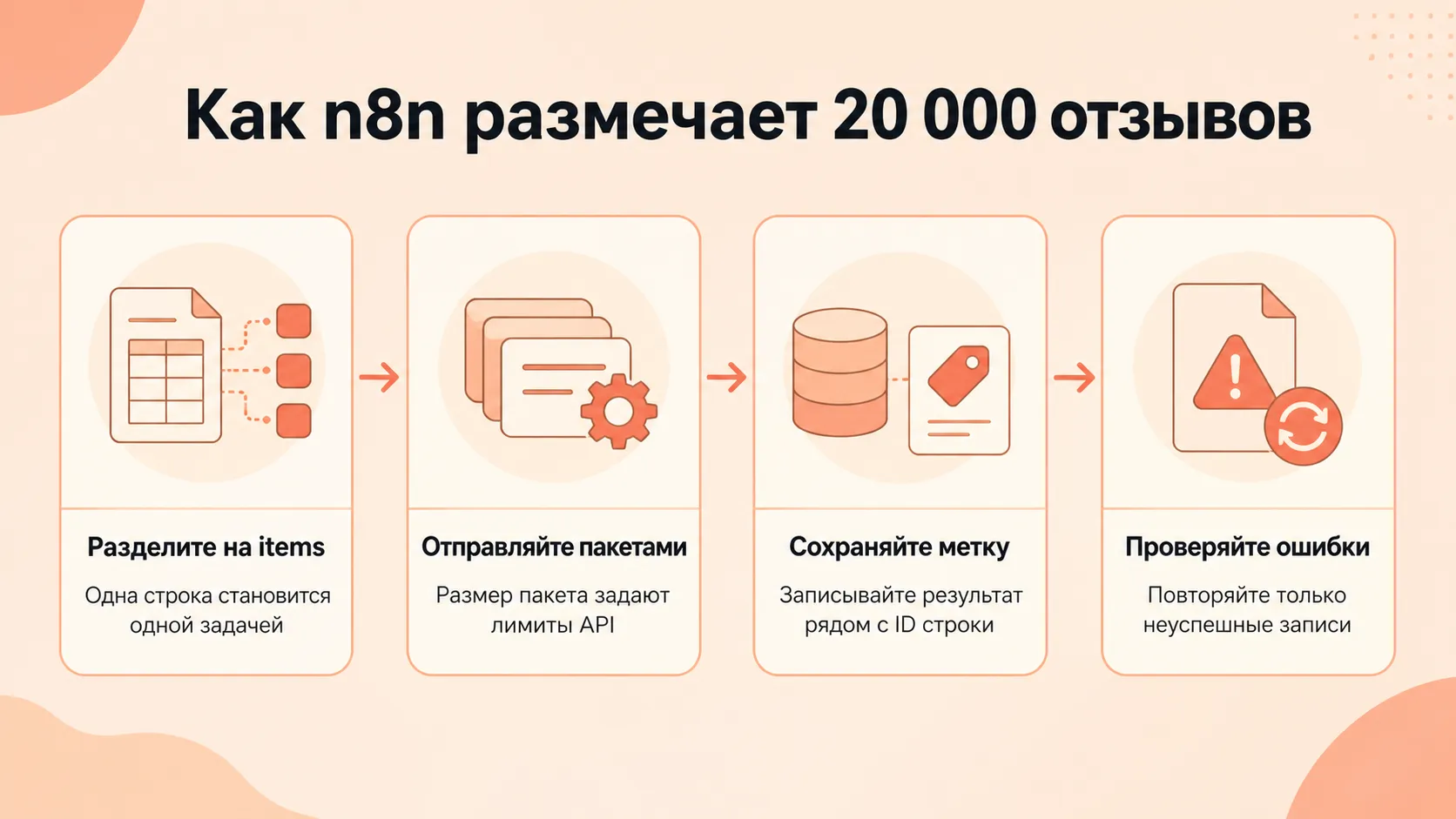 Схема пакетной разметки 20 000 отзывов в n8n: items, пакеты, запись метки и повтор ошибок