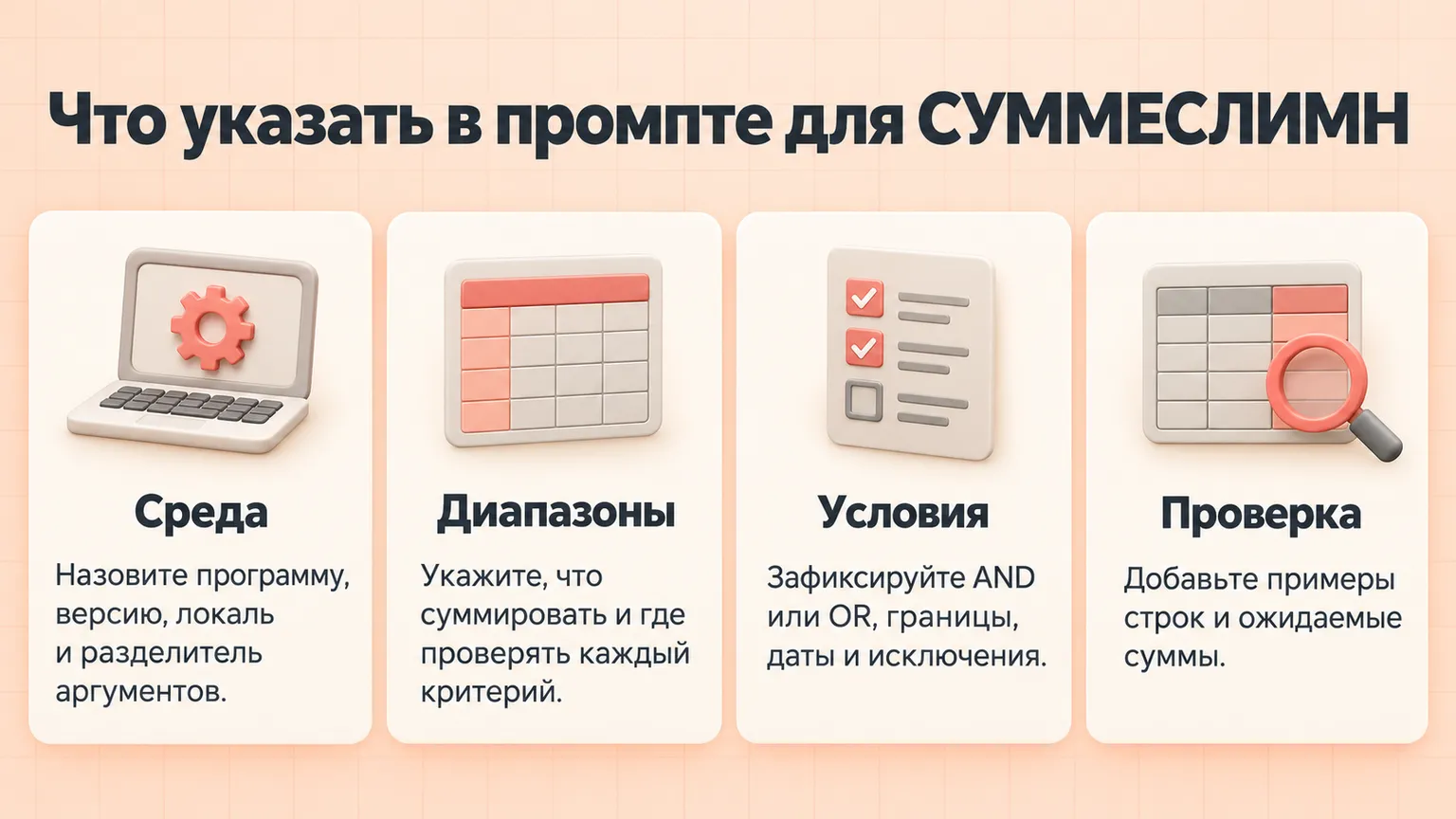 Что указать в промпте для СУММЕСЛИМН: среда, диапазоны, условия и проверка