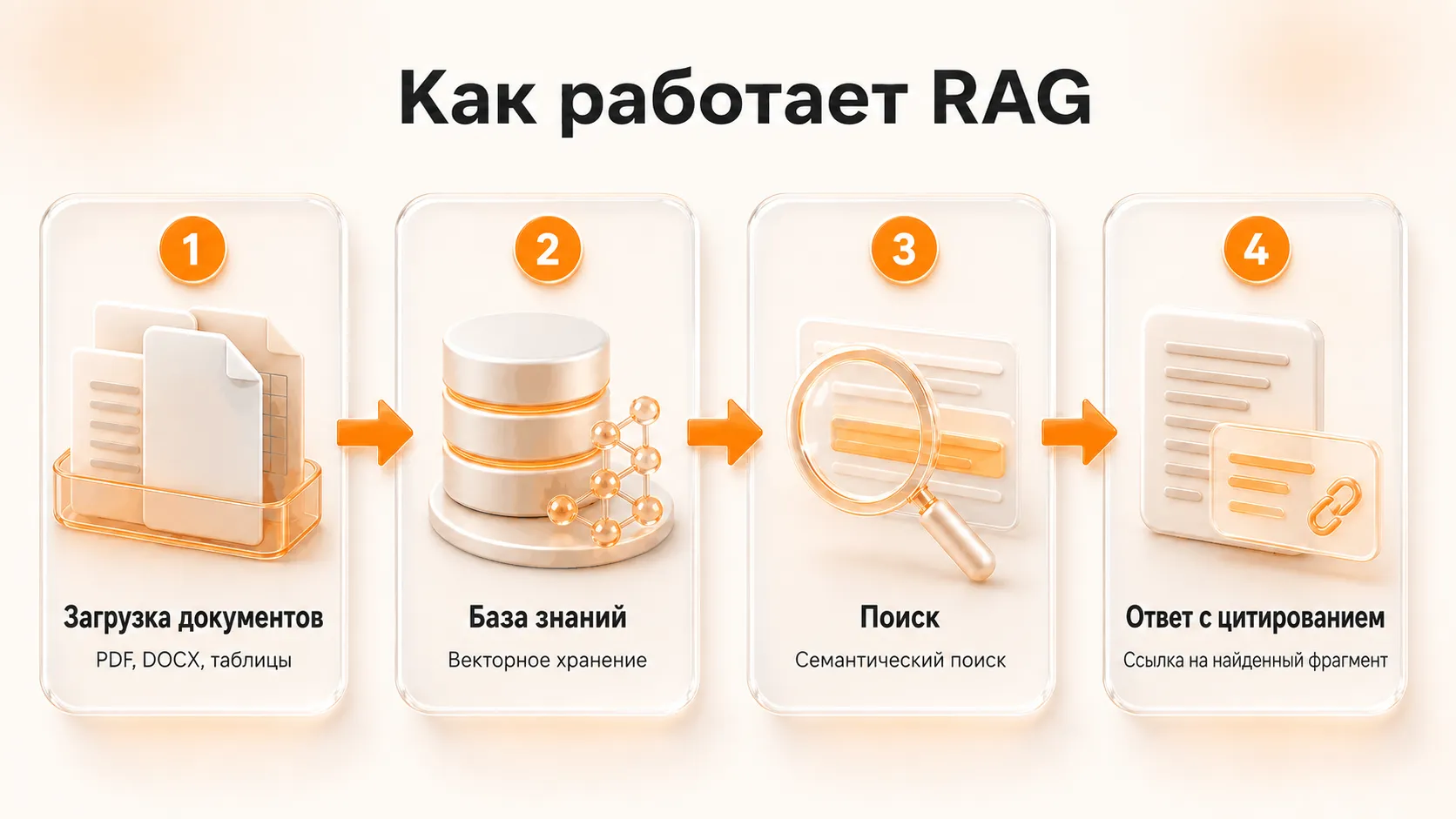 Схема RAG: загрузка документов, база знаний, поиск и ответ со ссылкой на найденный фрагмент