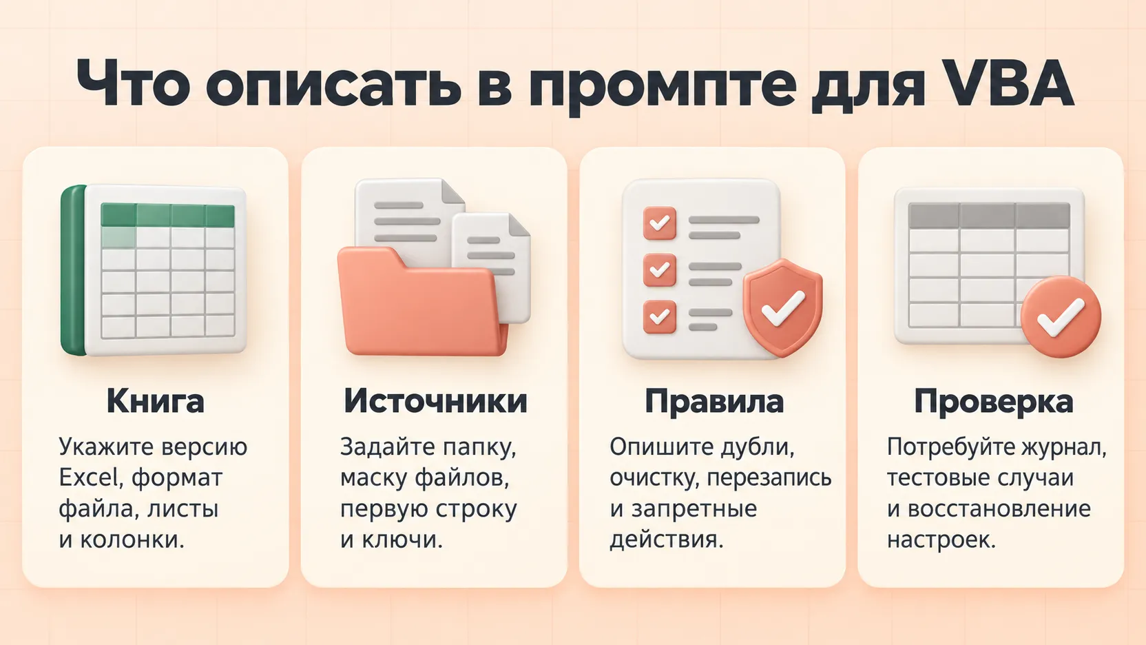Четыре части промпта для VBA: книга, источники, правила и проверка